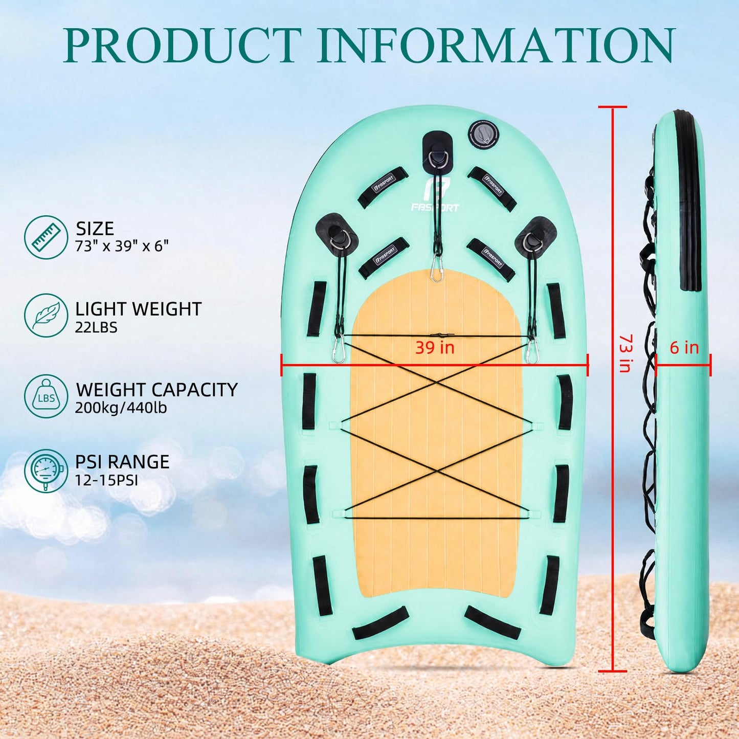 FBSPORT Inflatable Water Rescue Sled, Drop-Stitch PVC Rescue Board Floating Dock Platform Mat with Rapid Inflation, Portable 73"x39" Emergency Sled for Lakes, Oceans, Rivers, Surfing, Divers