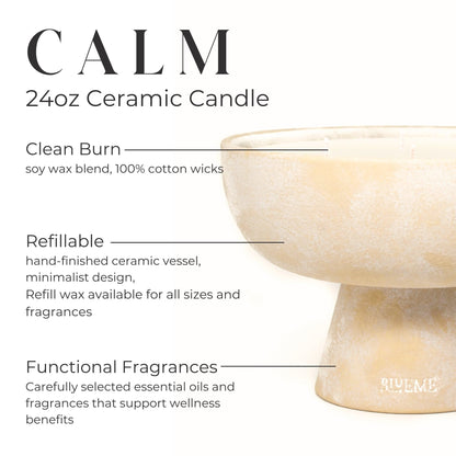 Blueme Calm Candle | Osmanthus & Sandalwood | 5 Wick - Refillable Wellness Candle with Essential Oils, Hand Finished & Poured Soy Wax Blend Ceramic Vessel, Natural Cotton Wicks | Large 24 oz