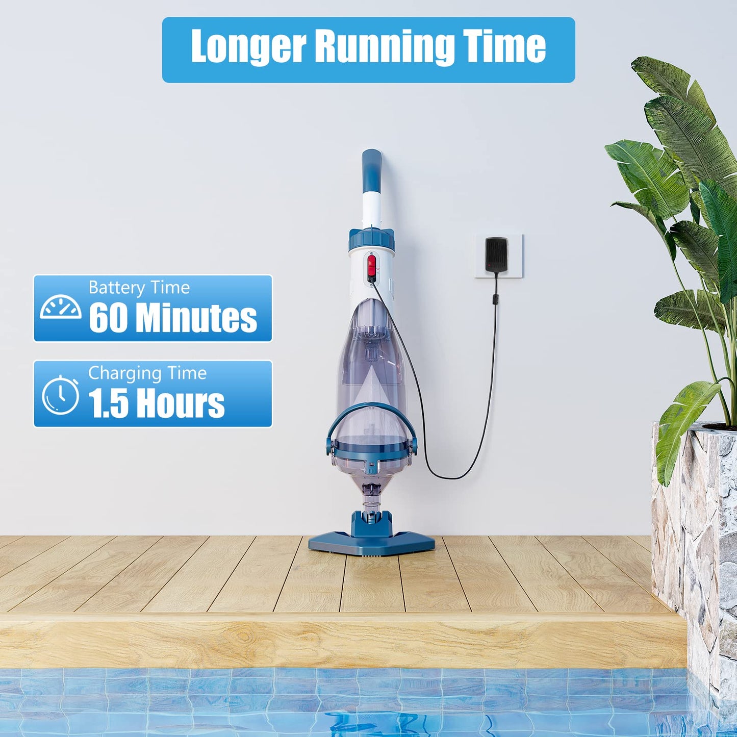 Pool Vacuum for Above Ground Pool with a Telescopic Pole, Running time up to 1H, Handheld Rechargeable Pool Cleaner with Powerful Suction up to 18.5 gallons/min, Ideal for Leaves & Debris, PC10