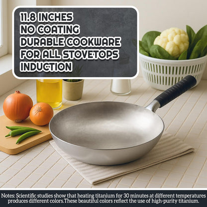 Yiyiring Pure Titanium Wok with Lid, Ultra Lightweight 2.5 Lbs Titanium Wok Single-piece Molded No Coating Rivetless Handcrafted Frying Pan Durable Cookware for Gas Stove Home & Outdoor Camping