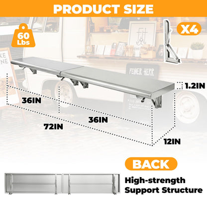 72" x 12" Split Stainless Steel Folding Concession Shelf,Heavy-Duty Drop-Down Serving Window Shelf, Wall-Mounted Folding Serving Food Shelf Stand for Food Trucks, Concession Stands & Commercial Use