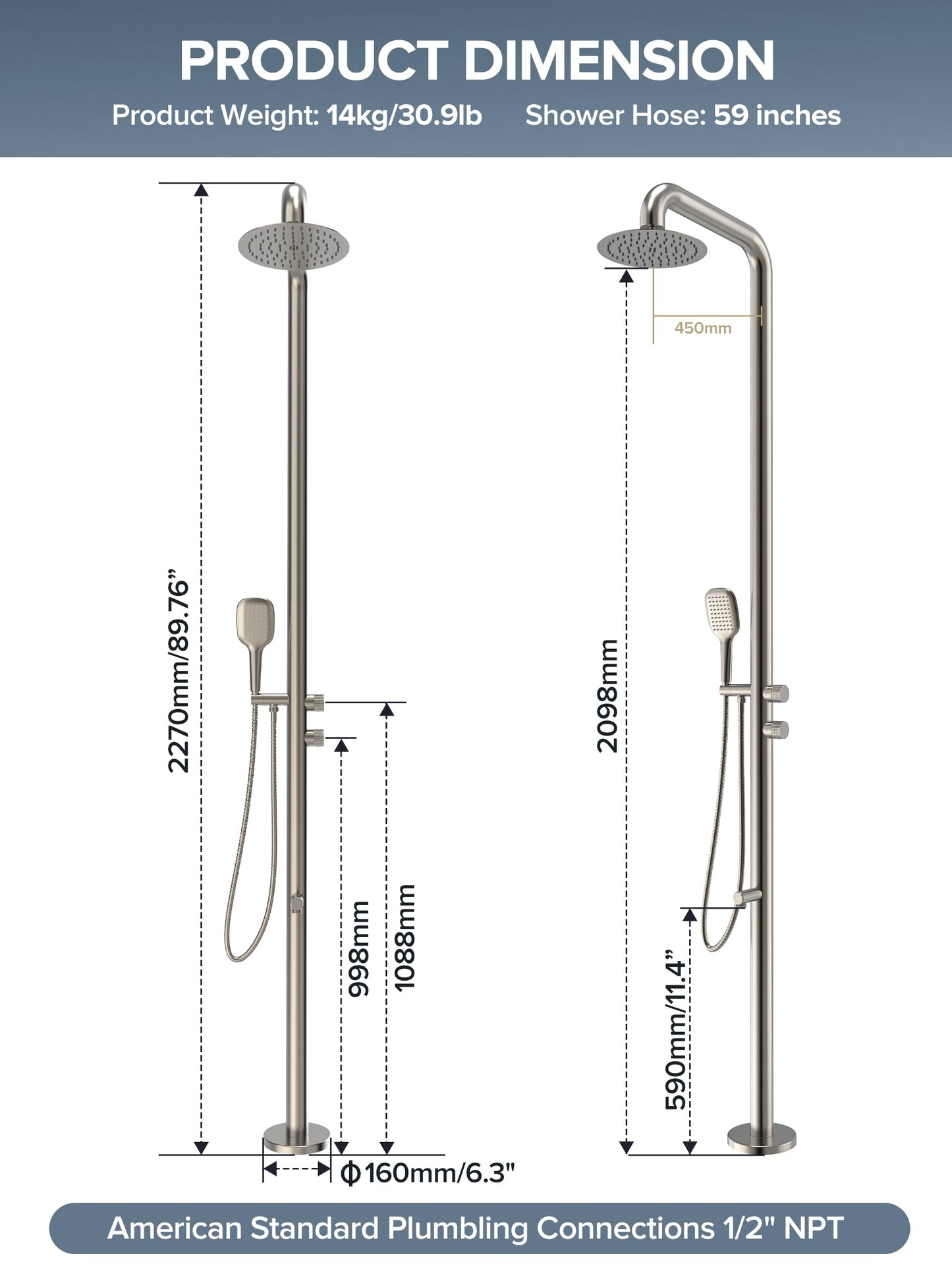 WCQQ 316 Stainless Steel Outdoor Floor Shower with 3 Functions, Brushed Nickel Freestanding 10" Headshower & Handheld Shower for Backyard Patio Relaxation/Easy Garden Clean