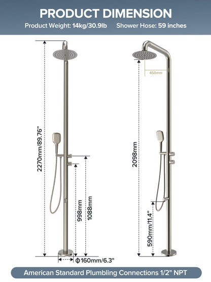 WCQQ 316 Stainless Steel Outdoor Floor Shower with 3 Functions, Brushed Nickel Freestanding 10" Headshower & Handheld Shower for Backyard Patio Relaxation/Easy Garden Clean