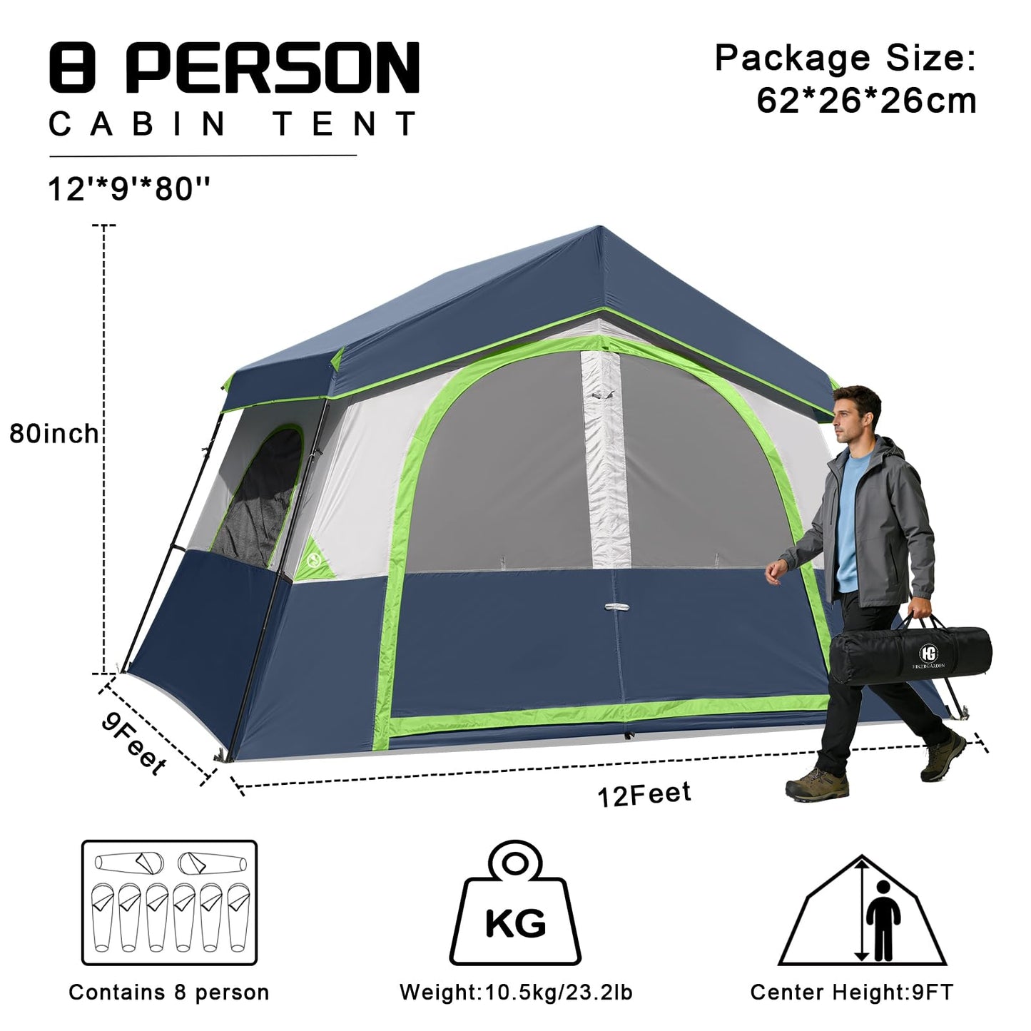 HG 8 Person Camping Tent - Portable Cabin Tent for Camp, Windproof Fabric Easy Set Up Family Tent Outdoor for Hiking, Backpacking, Traveling (Dark Blue)