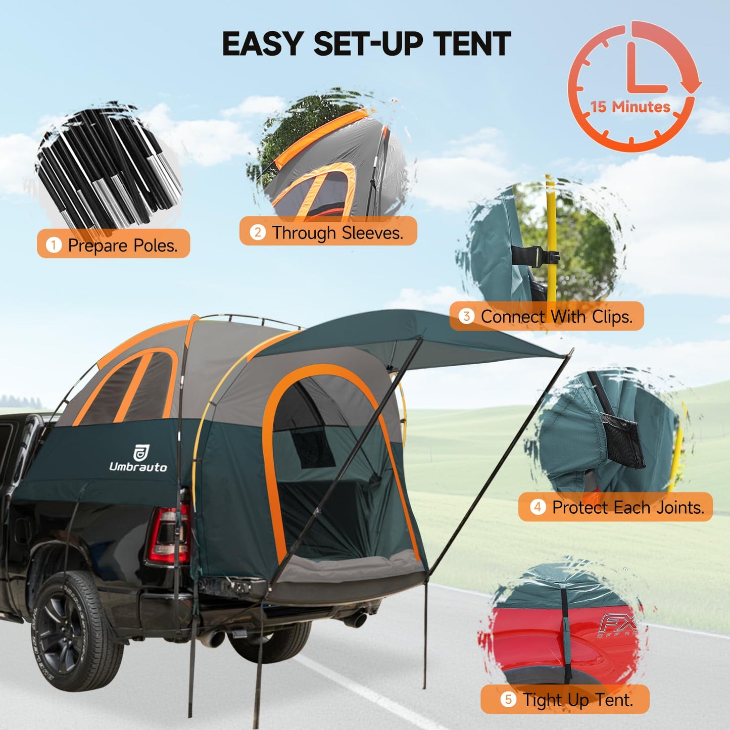 Umbrauto Truck Bed Tent with Awning: 5.5-5.8FT PU3000mm Waterproof Tailgate Pickup Truck Tents, Easy Set-up for 2 Person, Fits Full Size Short Bed, Chevy, Dodge, Ford, GMC, Green