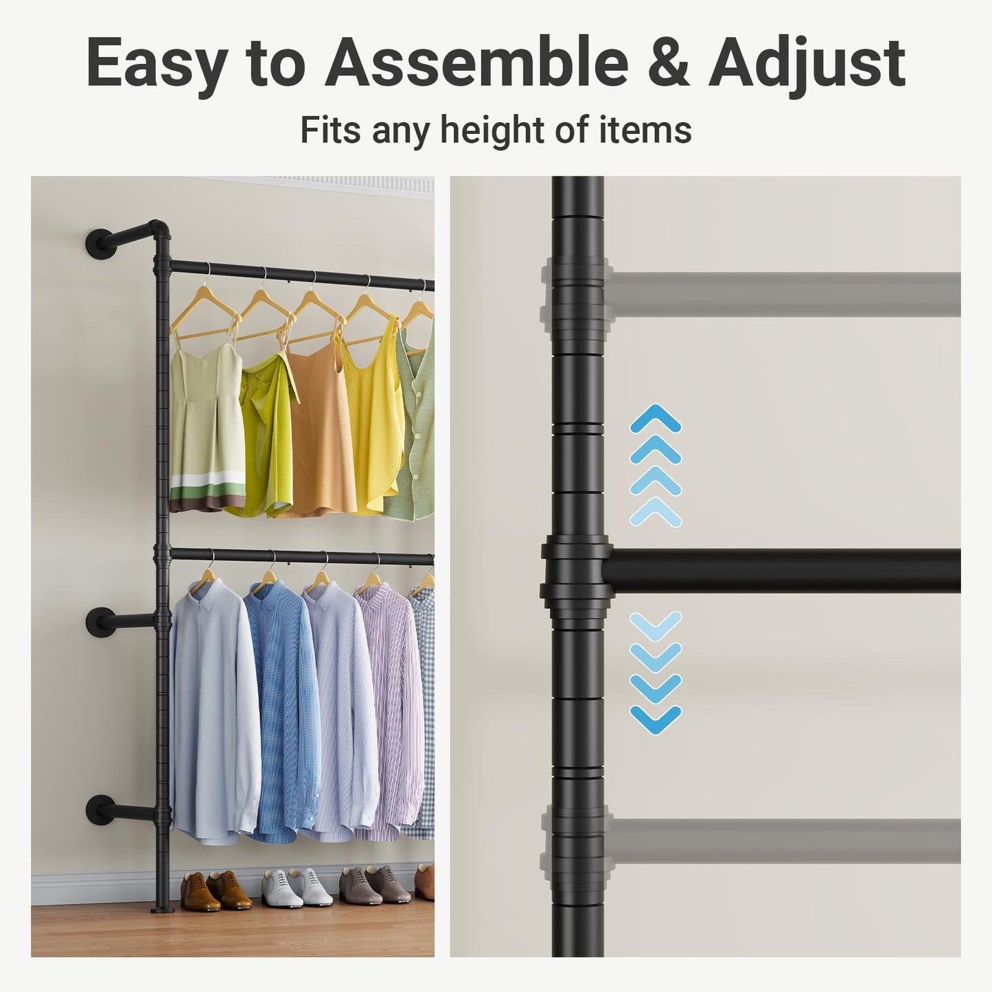 Timate P2 Industrial Pipe Clothes Rack, Wall Mounted Open Closet System with 3 Hanging Rods, L-Shape & Straight Configuration Garment Rack for Closet, Bedroom, Apartment, Retail Display, Black