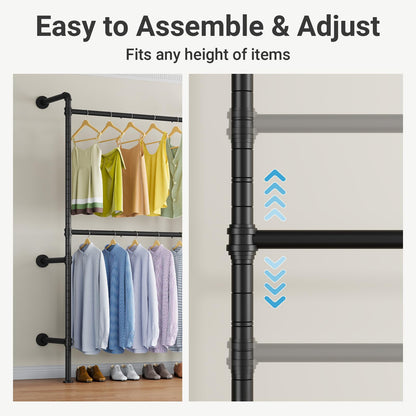Timate P2 Industrial Pipe Clothes Rack, Wall Mounted Open Closet System with 3 Hanging Rods, L-Shape & Straight Configuration Garment Rack for Closet, Bedroom, Apartment, Retail Display, Black