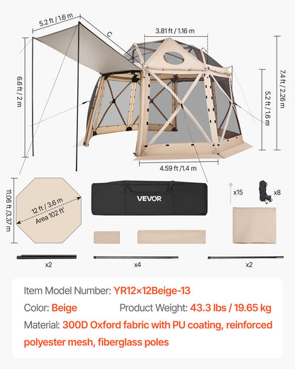 VEVOR Pop Up Gazebo Screen Tent, 12 x 12 ft Large High 13-Sided Camping Canopy Tent with Removable Top & Carry Bag, Quick Set & Bite-Proof Mesh Screen Sun Shelter for 8-10 Persons Backyard Patio