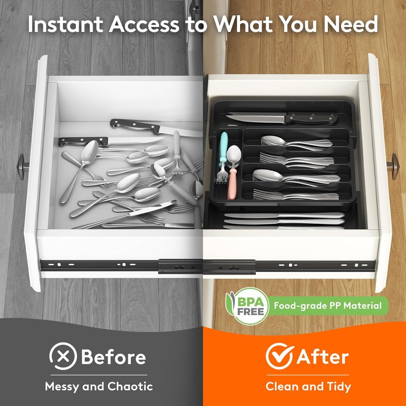Lifewit Silverware Drawer Organizer, Expandable Utensil Tray for Kitchen, BPA Free Flatware and Cutlery Holder, Adjustable Plastic Storage for Spoons Forks Knives, 8.9-14.7 x 12.2", Gray