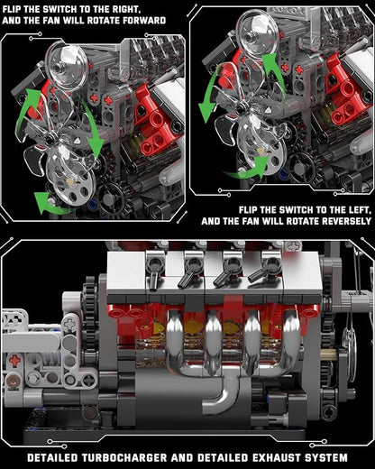 Mould King 10225 V8 Engine Model kit That Runs- Build Your Own STEM V8 Model Engine with Transmission 8-Cylinder Car Engine kit Building Engineering Toys for Adults Collections (855+PCS)