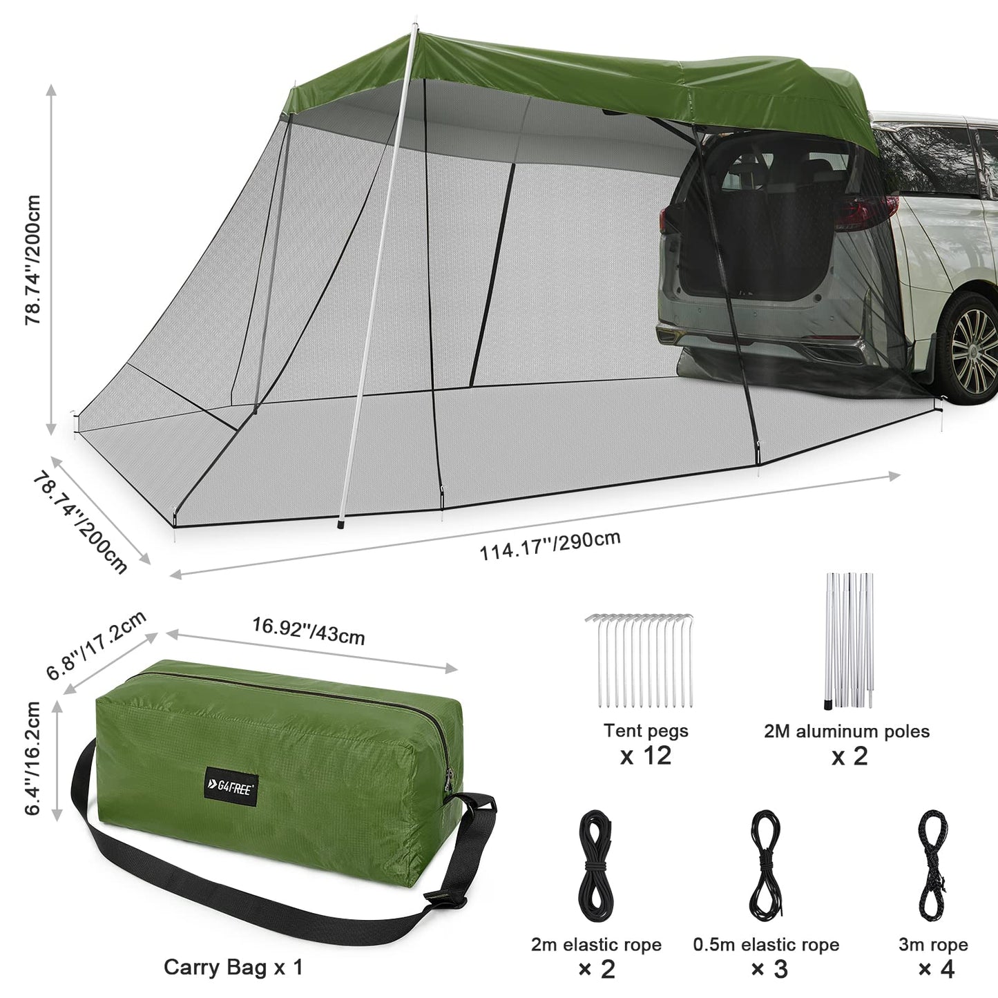 G4Free Car Awning Sun Shelter with Mosquito Net, Portable SUV Tent Tailgate Shade Canopy for Outdoor Camping Travel (Army Green)