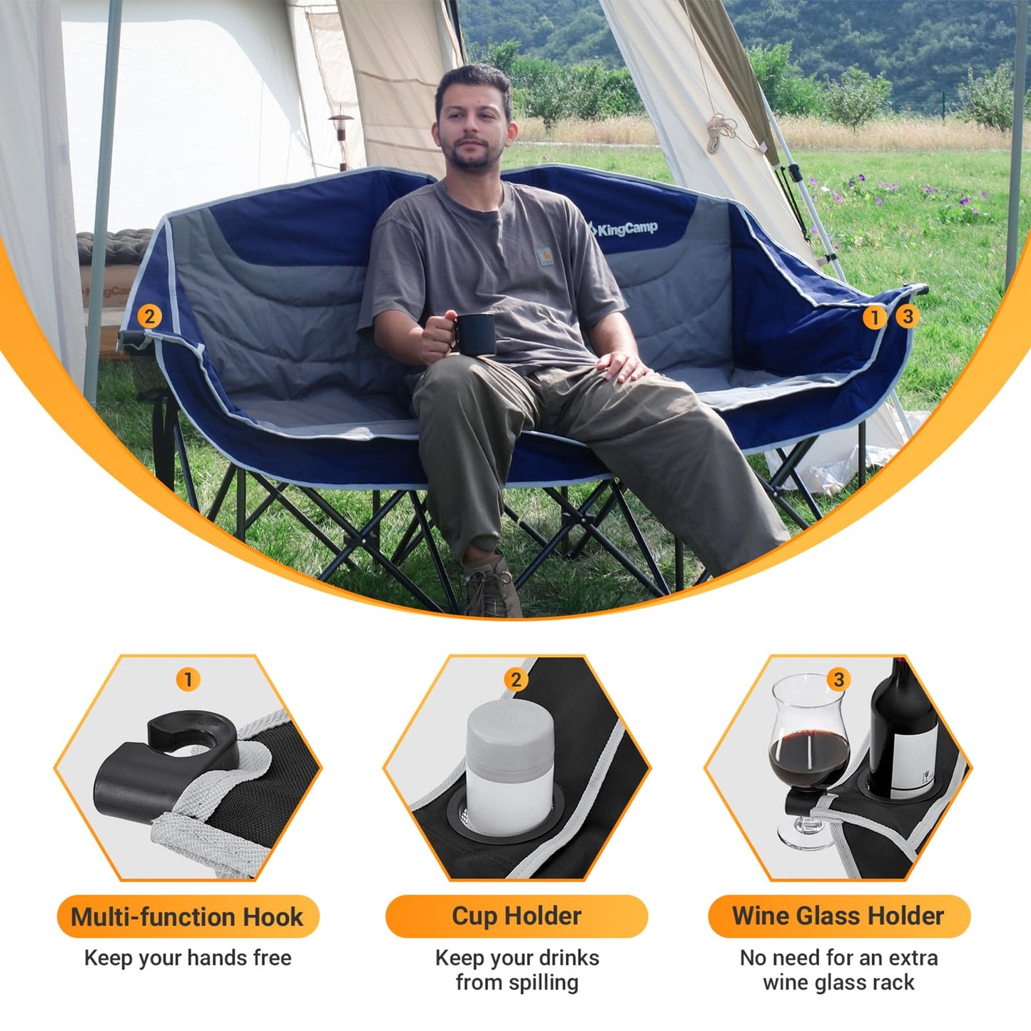 KingCamp 3 Person Camping Chair, Oversized 1100lbs Heavy Duty Loveseat for Adults Portable Folding XL 2 Person Couch Padded Comfortable Three Seat with Cup Holder for Outdoor Lawn Backyard, Black/Grey