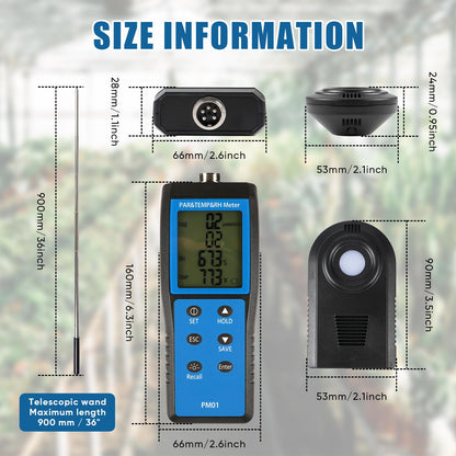Quantum PAR Meter for LED Grow Lights, 400-700nm Wavelengths Range, Temperature and Humidity Display, PPFD Meter with 36 inch Telescopic Wand for Easy Testing in Tent, Room, Greenhouse