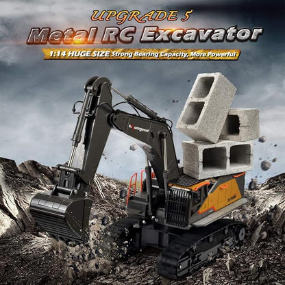 kolegend Remote Control Excavator Toy 1/14 Scale RC Excavator 22 Channel Upgrade Full Functional Construction Vehicles Rechargeable RC Truck with Metal Shovel and Lights Sounds