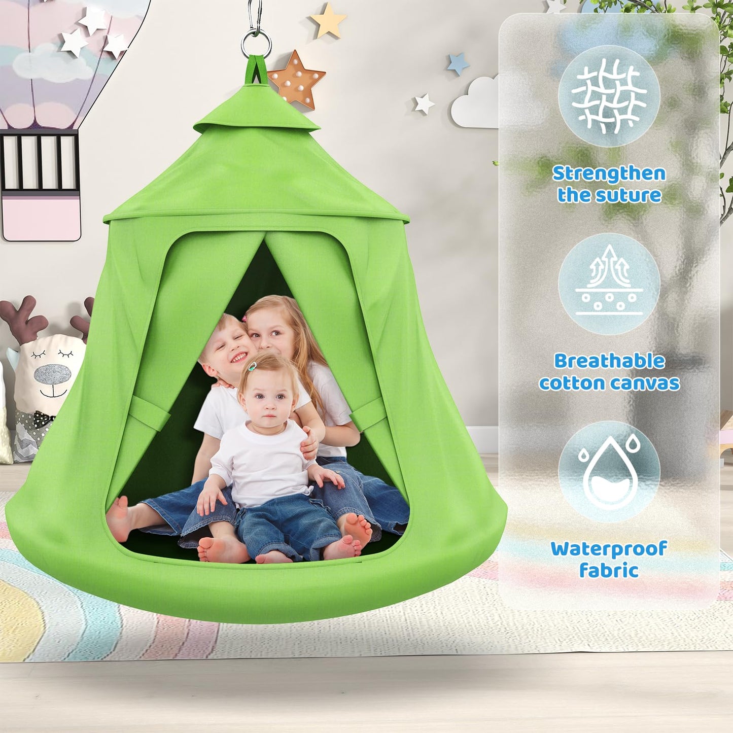 Swing Set with Tent Swing, X-Shaped Swing Frame with Sensory Swing, Tent Swing with Swing Stand, Hammock Chair with Stand, 330 lbs Capacity, w/Rainbow Lights String, Indoor/Outdoor Use(Green)