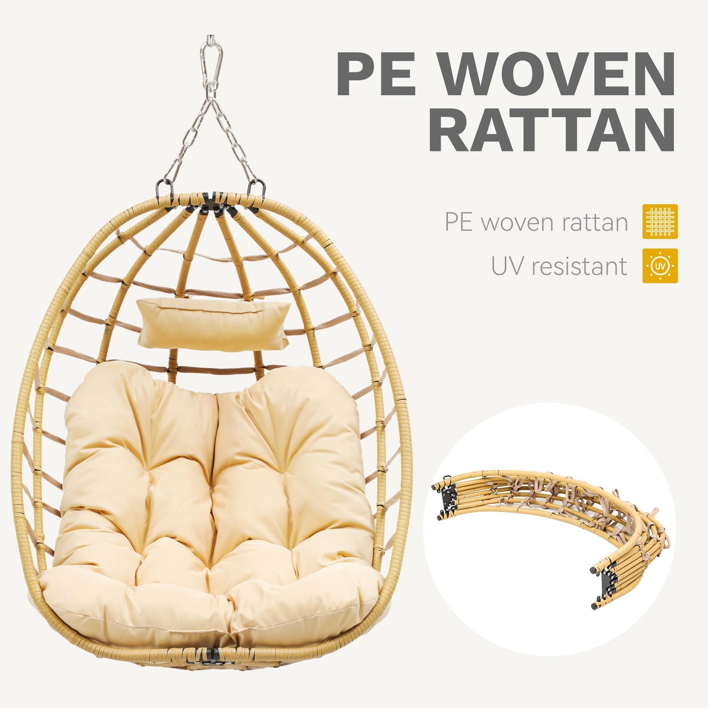 DWVO Egg Hanging Swing Chair with Stand Egg Chair Wicker Indoor Outdoor Hammock Egg Chair with Cushions 330lbs for Patio, Bedroom, Garden and Balcony, Beige