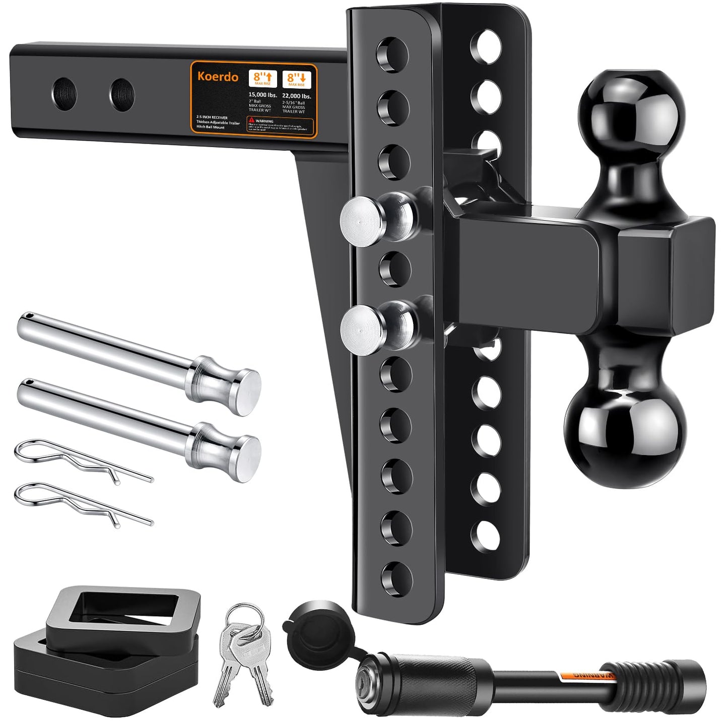 Adjustable Trailer Hitch -Drop Hitch-Tow Hitch FITS 2.5 inch Receiver-8inch Drop/Rise, 2" & 2-5/16" Ball Hitches for Trucks, 22,000 LBS GTW, Trailer Hitches with Anti-Theft Pin, Black