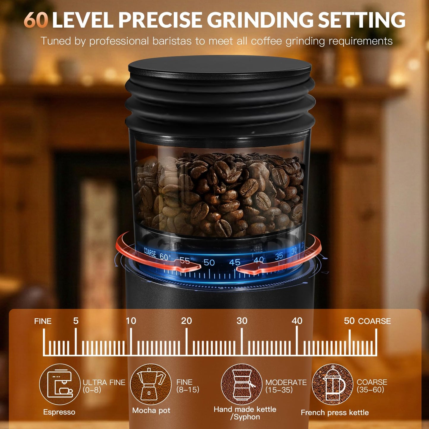 Coffee Grinder, Rechargeable Cordless Stainless Steel Conical Burr Coffee Bean Grinder with Air Blower, 60 Grind Settings, Anti-Static, Compact & Quiet for Home,Office, Camping Use, Black
