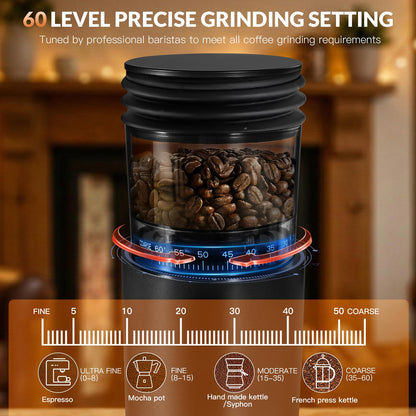 Coffee Grinder, Rechargeable Cordless Stainless Steel Conical Burr Coffee Bean Grinder with Air Blower, 60 Grind Settings, Anti-Static, Compact & Quiet for Home,Office, Camping Use, Black