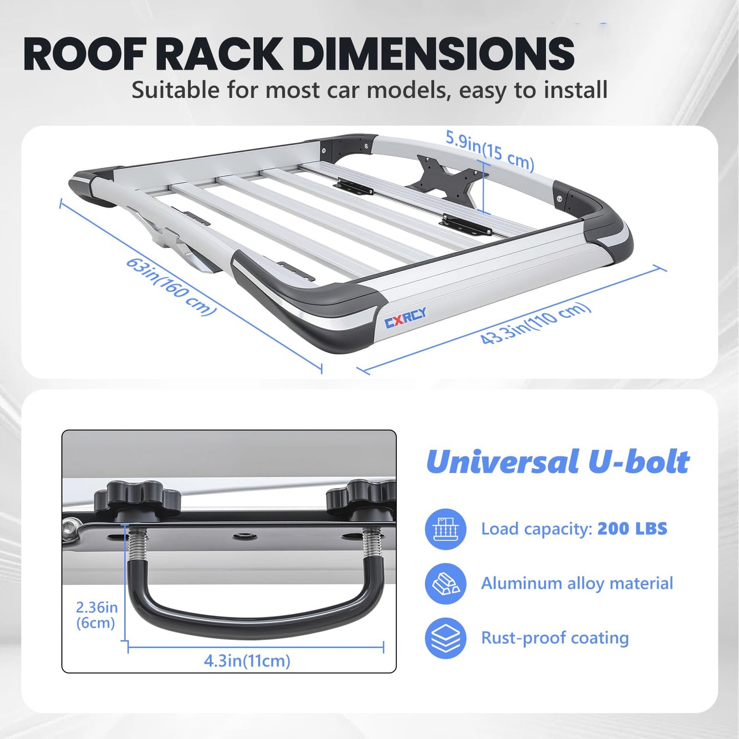 Roof Basket,Anti-Rust Aluminum Roof Basket,Universal Rooftop Cargo Carrier,Suitable for roof Racks, Equipped with crossbars,63"x43"x6",250lb Supports,Large Version (Silver)