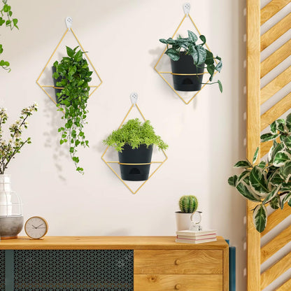 Koalaime 3 Sets Wall Planters for Indoor Plants Geometric Hanging Planters for Indoor Plants - Self-Watering Flower Pots with Black Metal Holder, Mounted Succulent Planter, 5" Black Plant Pot