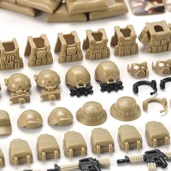 Military Weapons Pack with Shipping Cargo Container Army Equipment Helmet Armor 325Pcs Various of Military Accessories Building Block Toy Compatible with Major Brands Soldier Figures (Desert Tan)