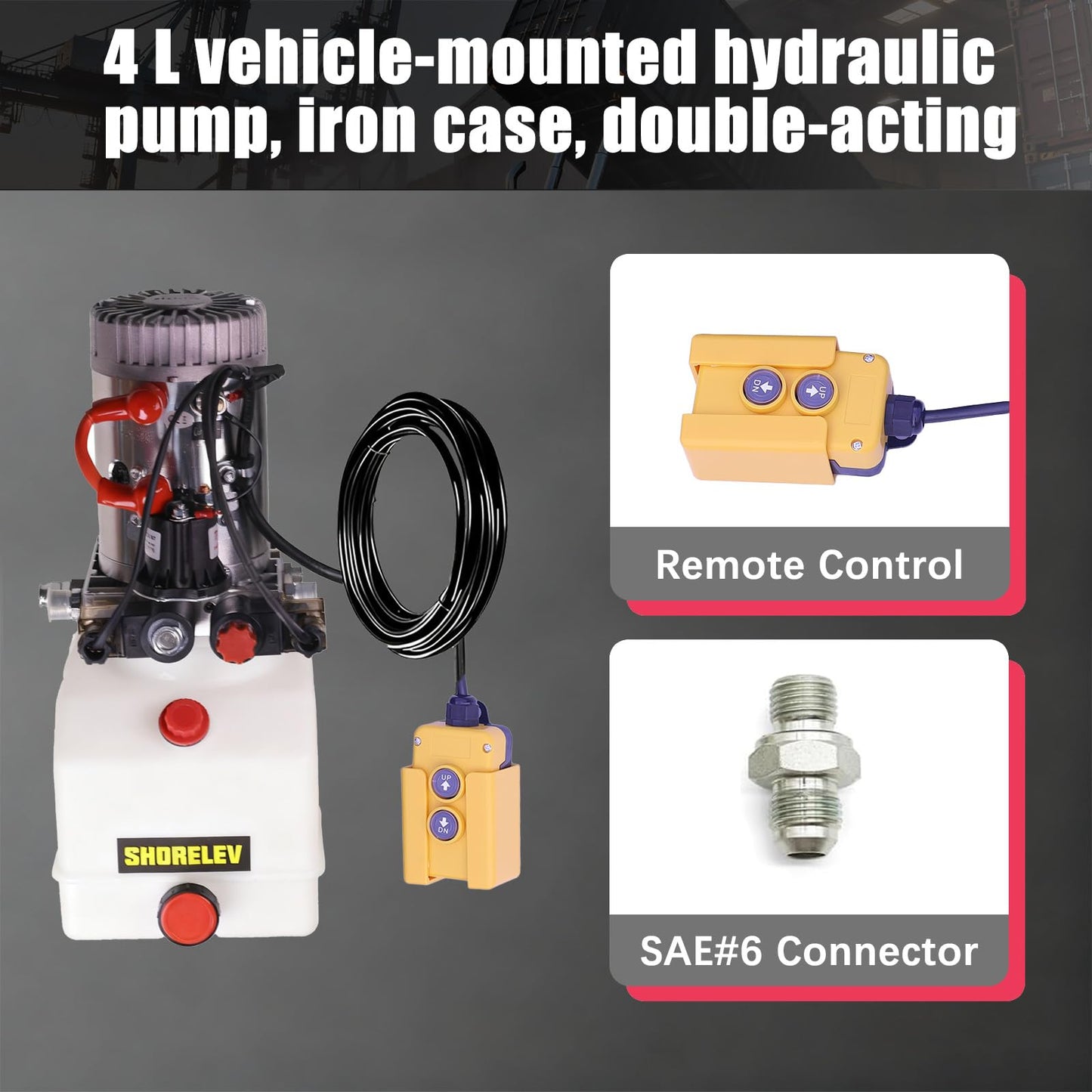SHORELEV 12V DC Double Acting Hydraulic Power Unit, 4L Plastic Reservoir, for Dump Trailers, Farm Equipment, Utility Trailers, and Marine Applications