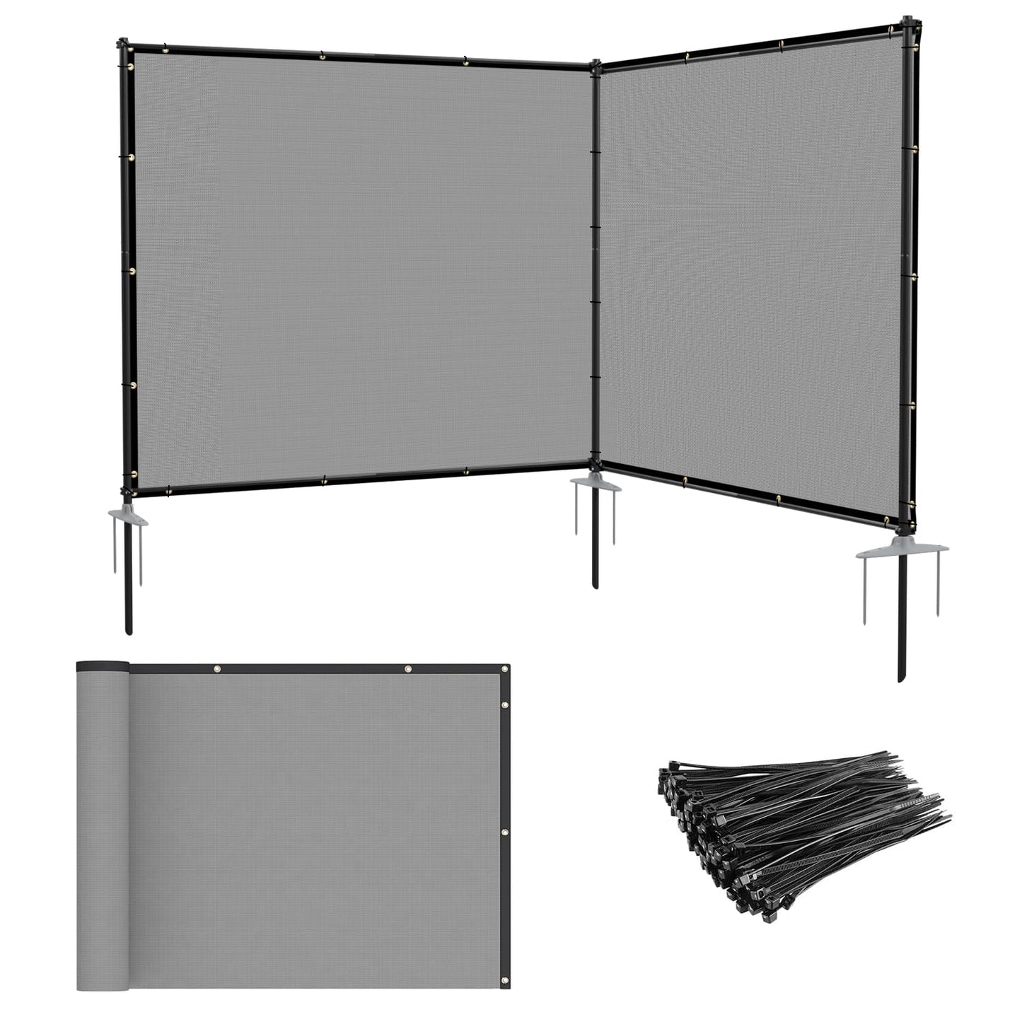 Patio 6' x 12' Outdoor Privacy Screen Freestanding Temporary Fence Panels Net Cover with Metal Poles for Outside Backyard Pool Garden Air Conditioner Fencing, Light Gray