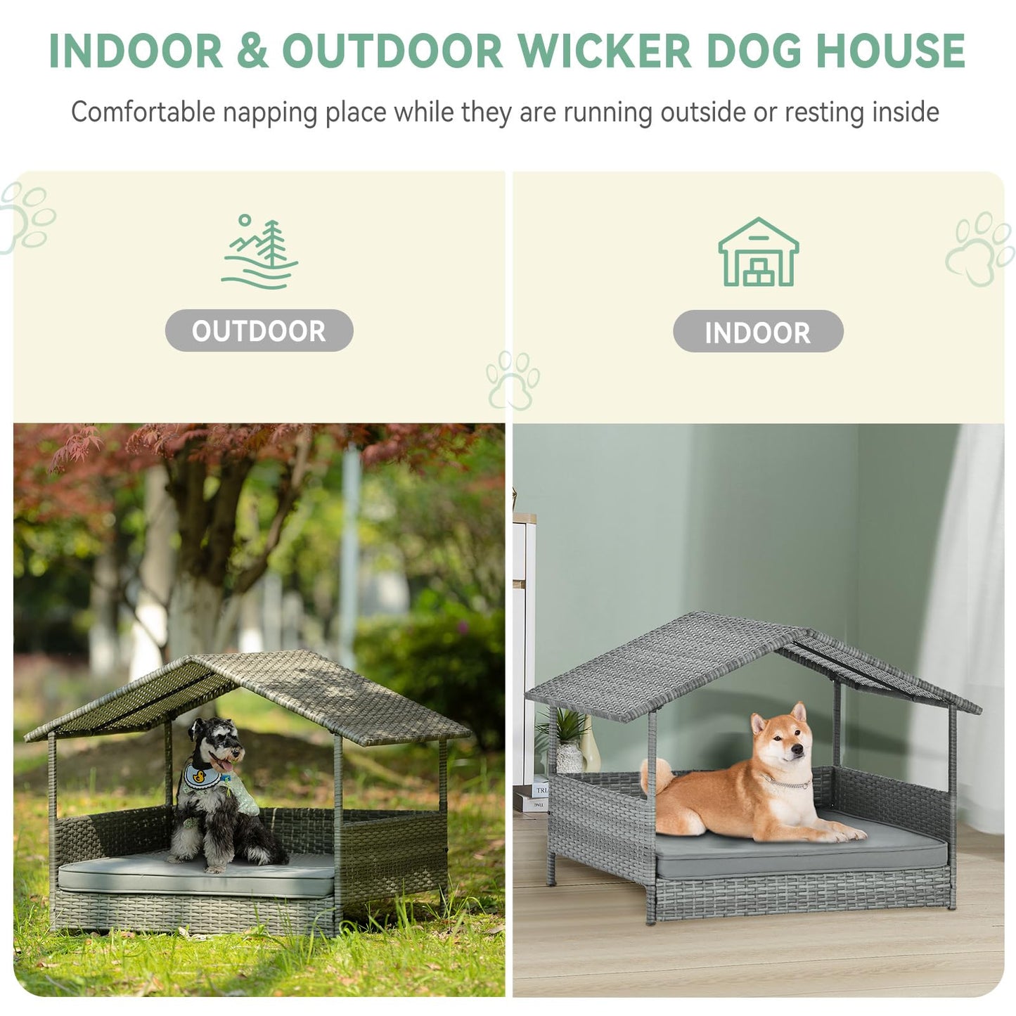 Lyromix Wicker Dog House with Canopy, 32" Outdoor Elevated Rattan Dog Bed with Water-Resistant Soft Cushion, Large Outside Raised Dog Shelter for Small, Medium Dogs, Gray