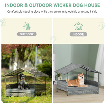 Lyromix Wicker Dog House with Canopy, 32" Outdoor Elevated Rattan Dog Bed with Water-Resistant Soft Cushion, Large Outside Raised Dog Shelter for Small, Medium Dogs, Gray
