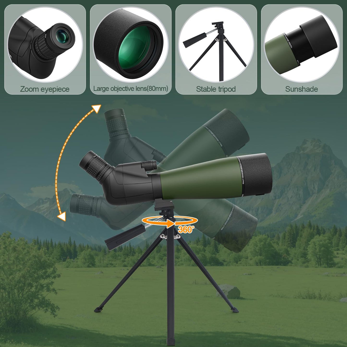 Aurosports 25-75X80 Spotting Scope with Tripod - BAK4 High Definition Waterproof Spotter Scope for Target Shooting Hunting Bird Watching, Scopes with Carrying Bag and Scope Phone Adapter (Green)
