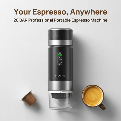 OMEYE Portable Espresso Maker for Camping Travel Office – 20 Bar Self-Heating Cordless Coffee Machine, LED Display, Dual 7500mAh Battery, USB-C, Compatible with Small/Large Capsules & Ground Coffee