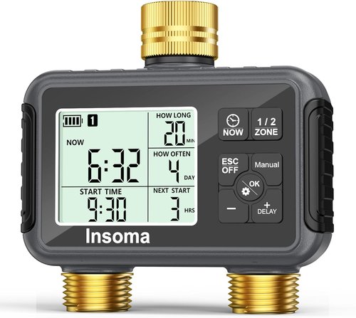 Insoma Water Timer - 2-Zone Brass Inlet & Outlet Hose Timer for Garden | Auto/Manual/Rain Delay Modes
