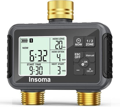 Insoma Water Timer - 2-Zone Brass Inlet & Outlet Hose Timer for Garden | Auto/Manual/Rain Delay Modes