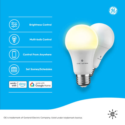 Cync GE Smart LED Light Bulbs, A19 Medium Base, Soft White, 60W Equivalent, Bluetooth and WiFi Light Bulbs, Works with Alexa and Google Home, Dimmable, 4 Pack