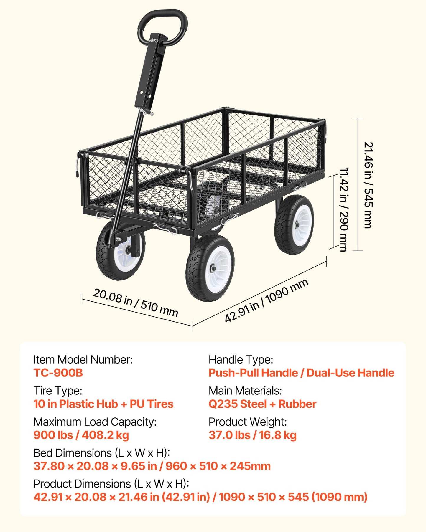 VEVOR 900 LBS Steel Garden Cart, 2 in 1 Handle, Heavy Duty Pullable Garden Wagon with 10" Flat-Free Tires, Outdoor Utility Yard Wagon Cart with Detachable Side Panels, Attach to ATV or Tractor