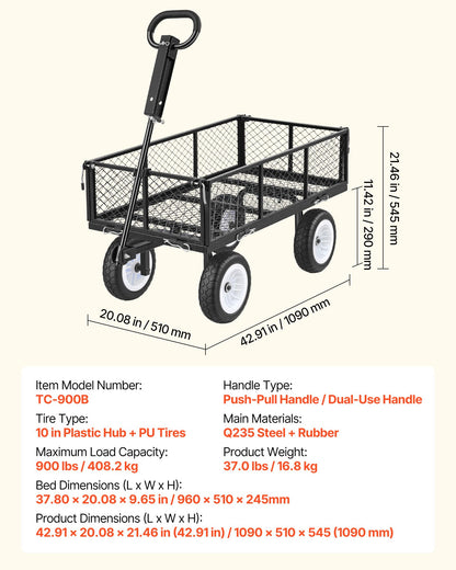 VEVOR 900 LBS Steel Garden Cart, 2 in 1 Handle, Heavy Duty Pullable Garden Wagon with 10" Flat-Free Tires, Outdoor Utility Yard Wagon Cart with Detachable Side Panels, Attach to ATV or Tractor