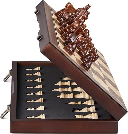 AMEROUS 15'' Magnetic Wooden Chess Set for Adults Kids - with Folding Board Gift Package Pieces Storage Slots Handmade PiecesChess Board Game Set for Tournament Professional Beginner