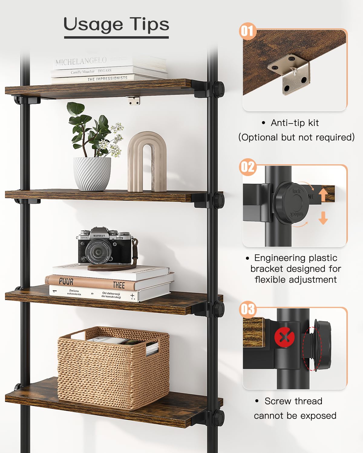 ALLZONE Adjustable Tall Narrow Bookshelf, 5-Tier Floor-to-Ceiling Tension Mount Ladder Book Shelf with Storage for Versatile Uses, Fits 92-116 Inch Ceilings, 27.84-Inch Wide Wood Shelves, Rustic Brown
