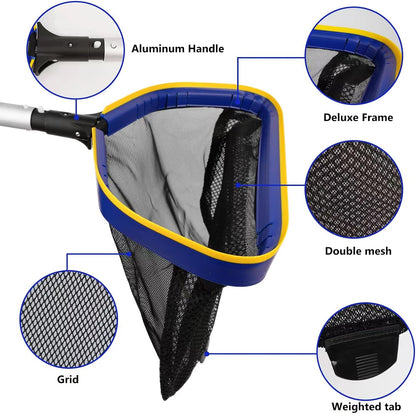 Poolvio Pool Deep Skimmer Net - Adjustable 3ft to 10ft Aluminum Pole & Fine Mesh Bag for All Pools