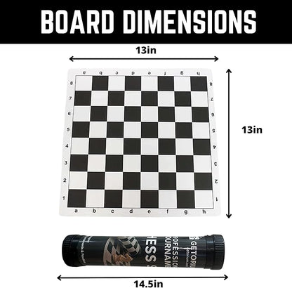 Tournament Chess Set: Portable and Professional Set with Travel Portable Plastic Tube Roll. Plastic Staunton Chess Pieces Foldable Vinyl Chess Board. (Black Board 13X13IN)