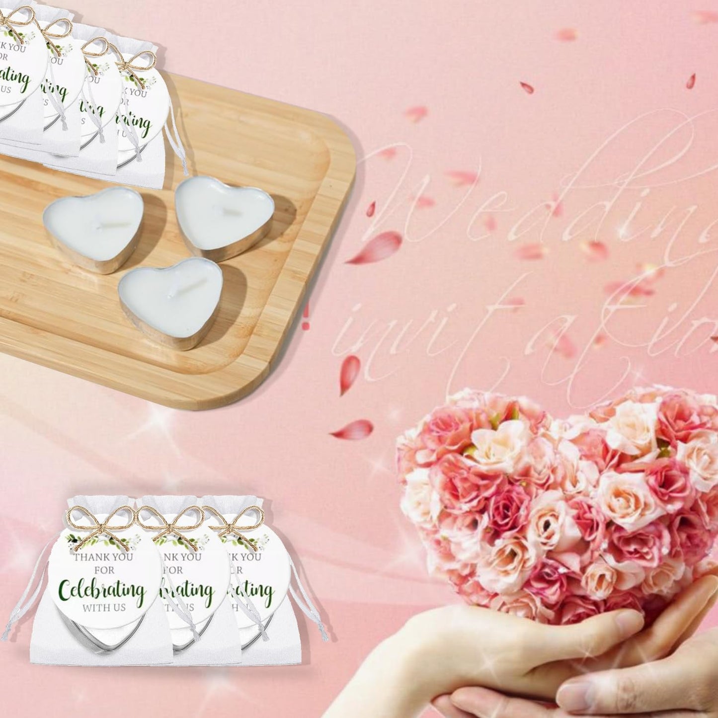 100 Sets Wedding Gifts for Guests Heart Shaped Candles Mini in Organza Bags with Thank You Cards, Party Favors for Bridal Shower, Birthday Party, Wedding Anniversary, Baby Shower Decorations