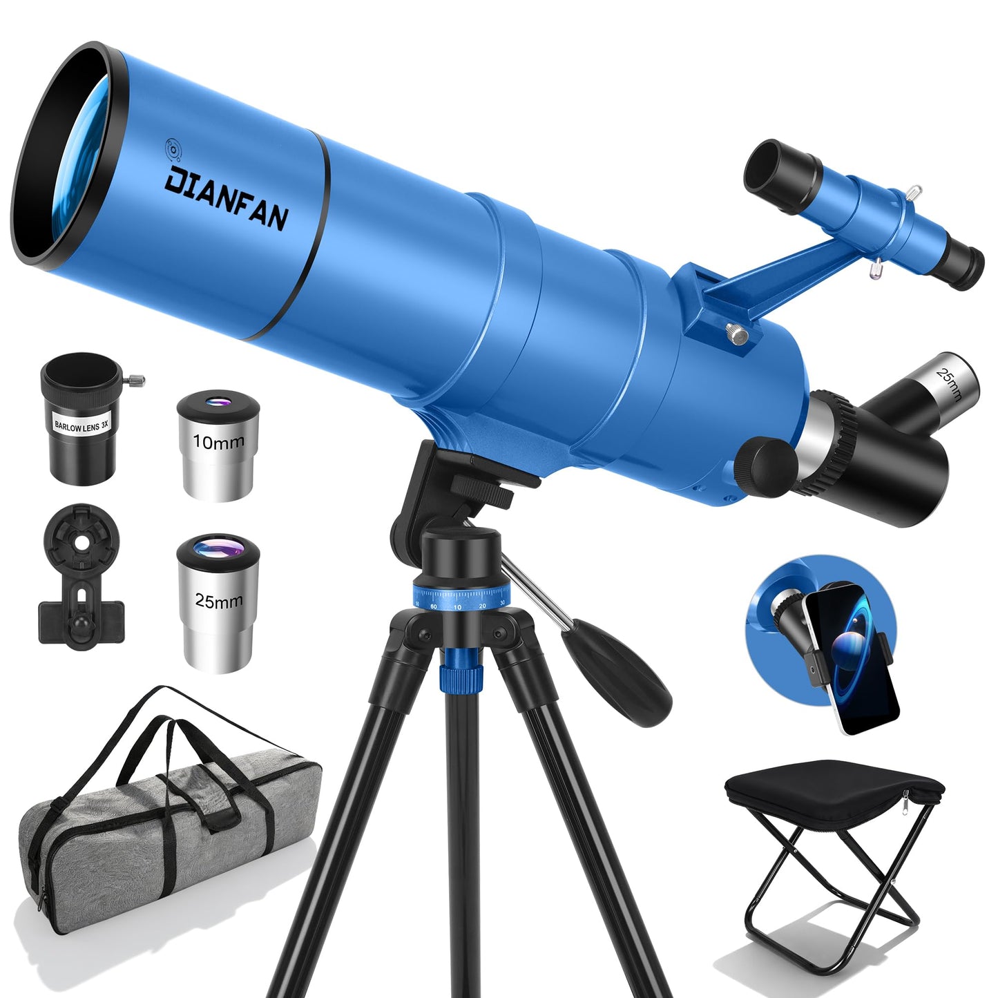 Dianfan Telescope for Kids & Adults, 90mm Aperture 550mm Astronomical Professional Telescope for Adults High Powered, Portable Travel Telescopes for Beginners with Tripod & Adapter, Bag, Folding Stool