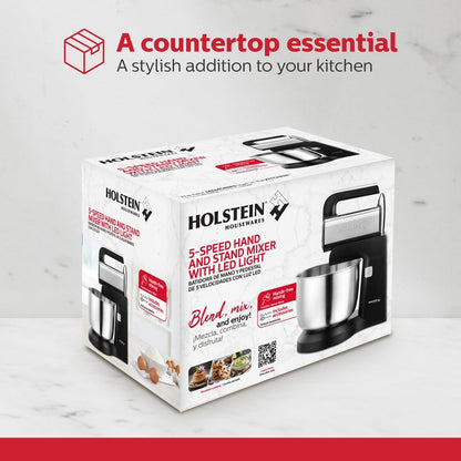 Holstein Housewares 5-Speed Hand and Stand Mixer, 250W Power with LED Light, Black and Stainless Steel – Versatile Mixer for Baking, Whipping, and More