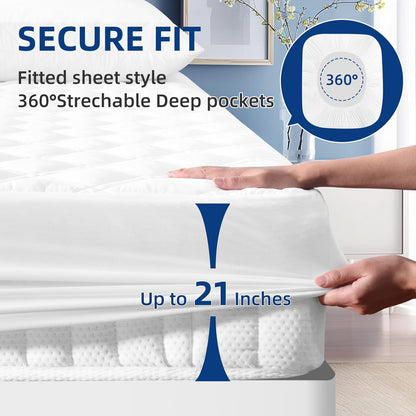 MEELUS Padded Queen Mattress Protector - Breathable Waterproof Cover with Deep Pockets | Soft, Noiseless, Washable, White