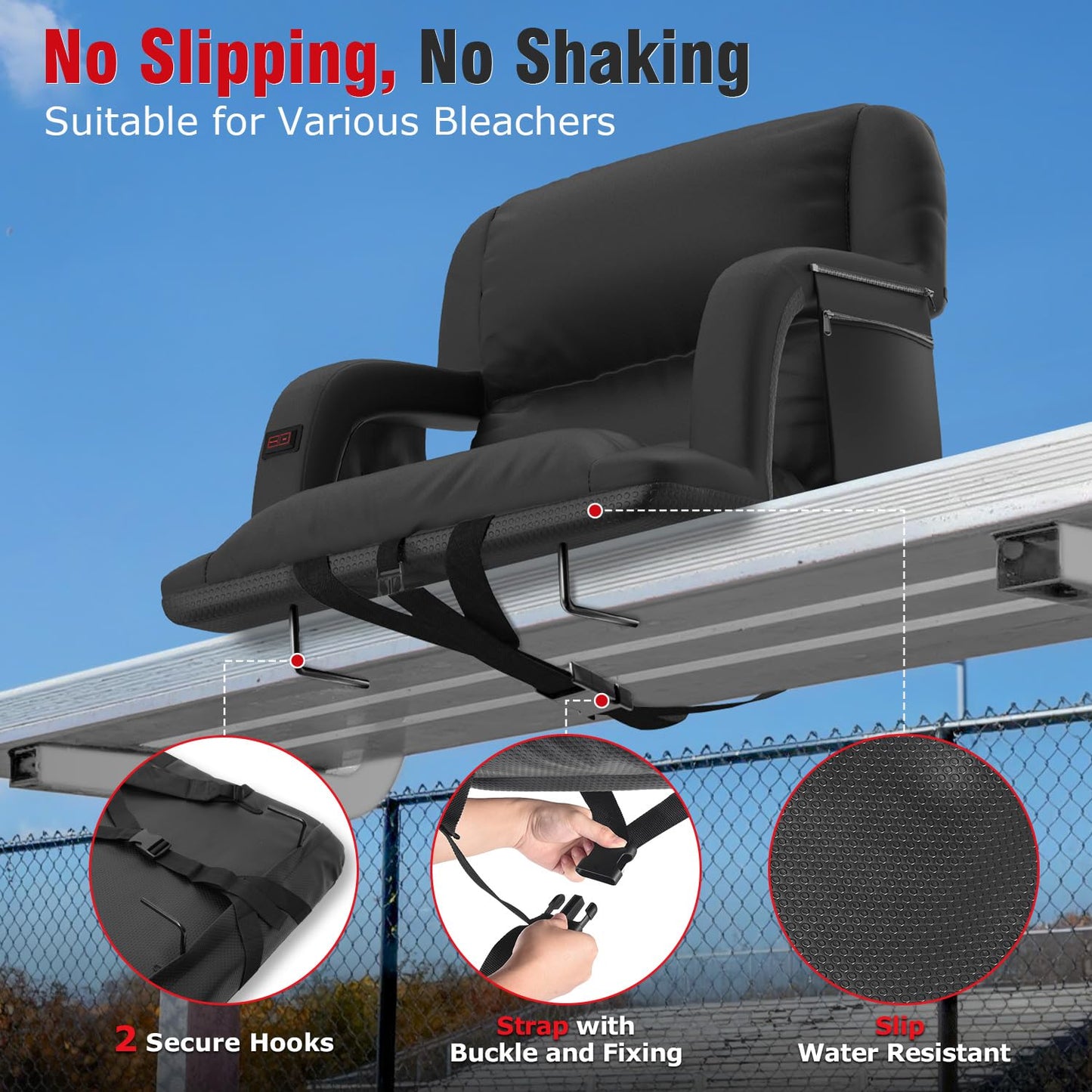 Suteck Extra Wide Heated Stadium Seats with Back Support 2 Pack, Portable Sofa Style Bleacher Chair with Back and Cushion, Armrest, Ideal for Outdoor Stadiums and Events -25" Wide