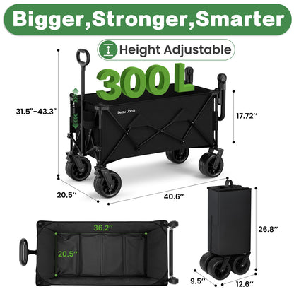 BEAU JARDIN Folding Push & Pull Beach Wagon 500 lbs Collapsible Foldable Wagons with Push Handle All Terrain Wheels Grocery Utility Camping Skiing Ice Fishing Sports Garden Wagon Cart Black