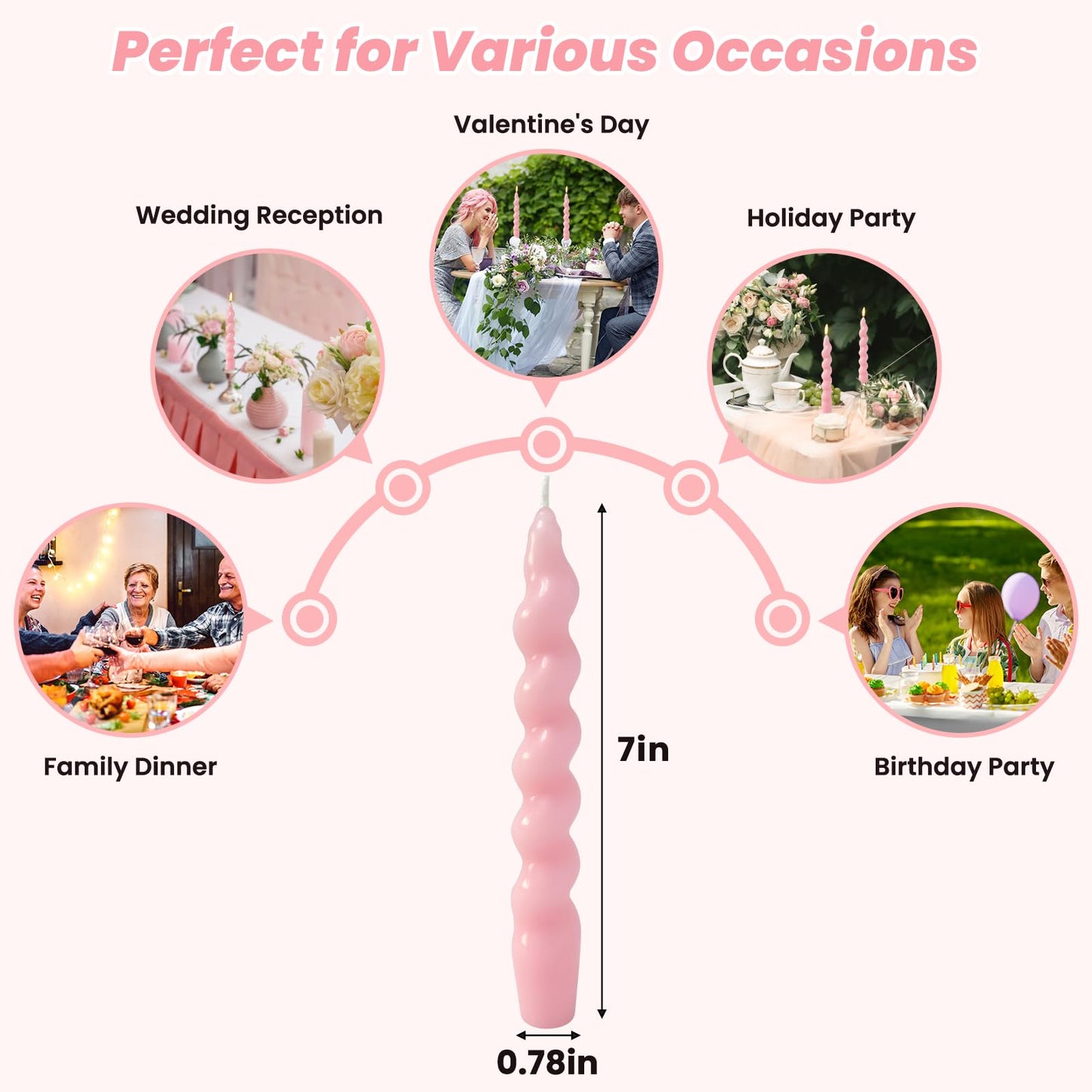 4 Pack 7 Inch Baby-Pink Spiral Taper Candles, Unscented Dripless Fat Twisted Candlesticks for Home Décor Party Wedding and Celebrations