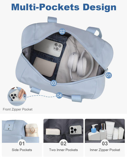 Pritent Travel Duffle Bag, Waterproof Weekender Overnight Hospital Bags for Women Men with Toiletry Bag Lightweight Personal Item Duffle Gym Bag for Travel, Airplanes, Sports(Blue, Medium)