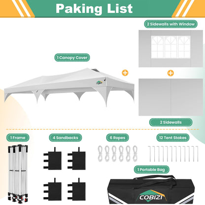 COBIZI 10x20 Pop Up Canopy Tent, Outdoor Party Tent with 4 Sidewalls, 1 Person Easy Set up, Tents for Parties with Fluorescent Strip & 4 Sandbags, Waterproof UPF50+, 3 Adjustable Height, White